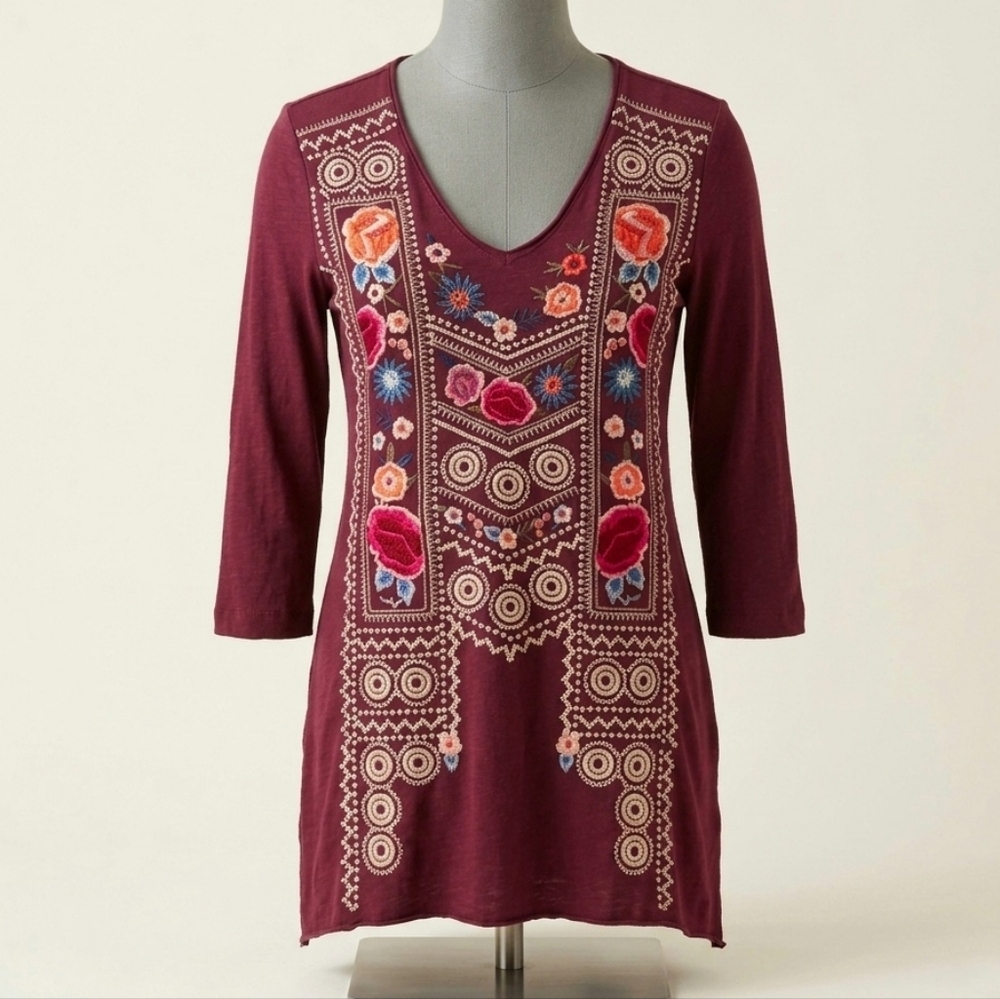Johnny Was Burgundy Embroidered Tunic Top Boho Floral 3/4 Sleeve Top Size XS